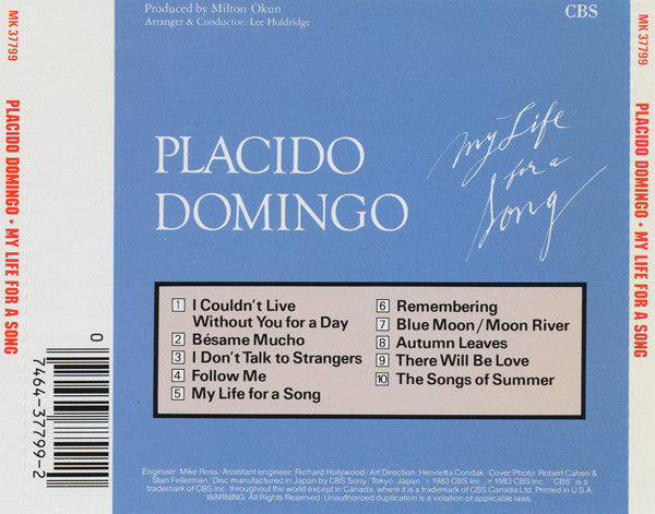 Placido Domingo : My Life For A Song (CD, Album, RE)