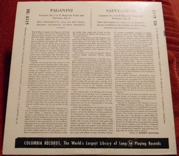 Niccolò Paganini, Camille Saint-Saëns, Zino Francescatti : Concerto No.1 In D Major, Op. 6 + Concerto No. 3 In B Minor, Op. 61 (LP, Mono)