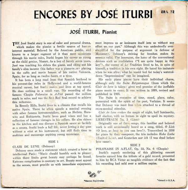 Debussy*, Liszt*, Chopin* / José Iturbi : Encores By José Iturbi (7", EP)
