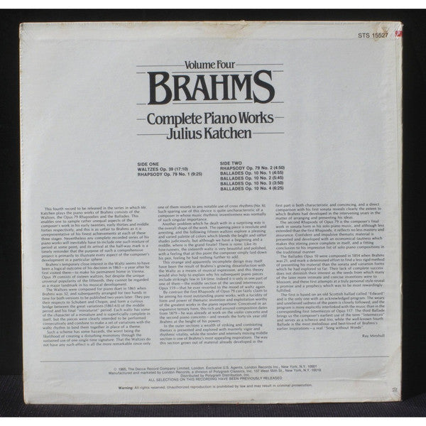 Johannes Brahms, Julius Katchen : The Complete Piano Works Vol. 4 (LP, Album, RE)