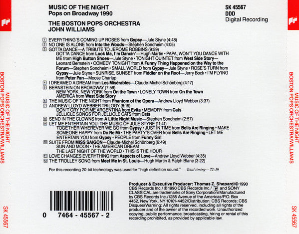 The Boston Pops Orchestra, John Williams (4) : Music Of The Night (Pops On Broadway 1990) (CD, Album)