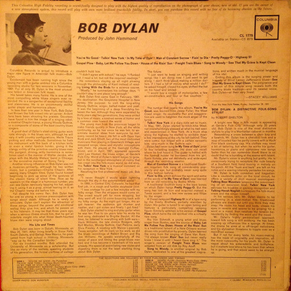 Bob Dylan : Bob Dylan (LP, Album, Mono, RP, Scr)