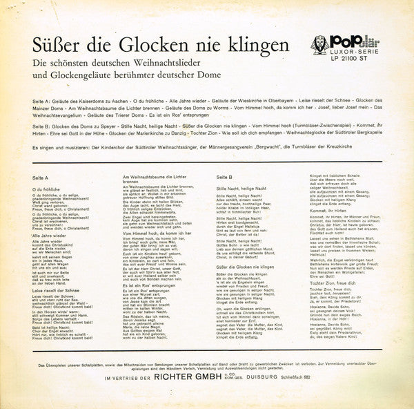 Der Kinderchor Der Südtiroler Weihnachtssänger, Männergesangsverein "Bergwacht", Die Turmbläser Der Kreuzkirche : Süßer Die Glocken Nie Klingen - Die Schönsten Deutschen Weihnachtslieder Und Glockengeläute Berühmter Deutscher Dome (LP)