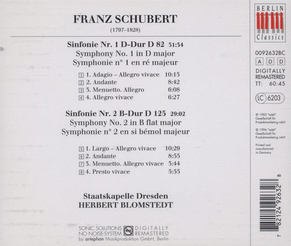 Franz Schubert - Staatskapelle Dresden, Herbert Blomstedt : Symphonies Nos. 1 • 2 (CD, Album, RE, RM)