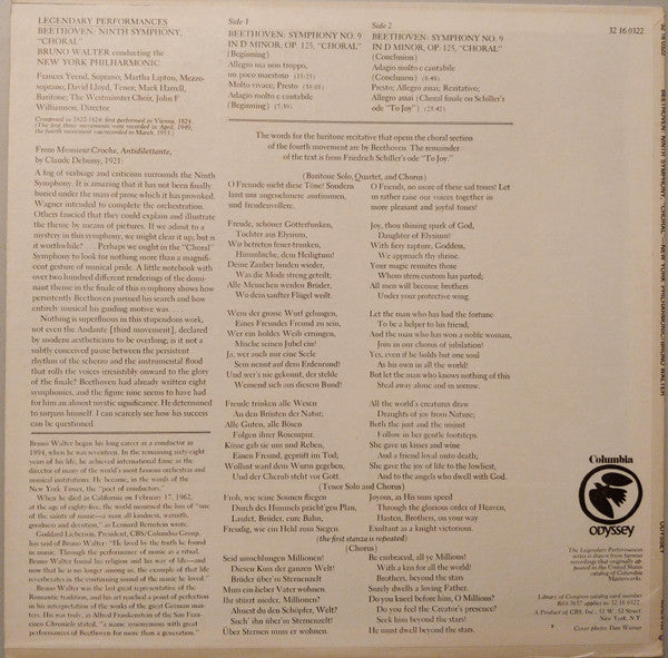 Ludwig van Beethoven / The New York Philharmonic Orchestra, Bruno Walter, Westminster Symphonic Choir : Symphony No. 9 In D Minor, Op. 125 ("Choral") (LP, RE)