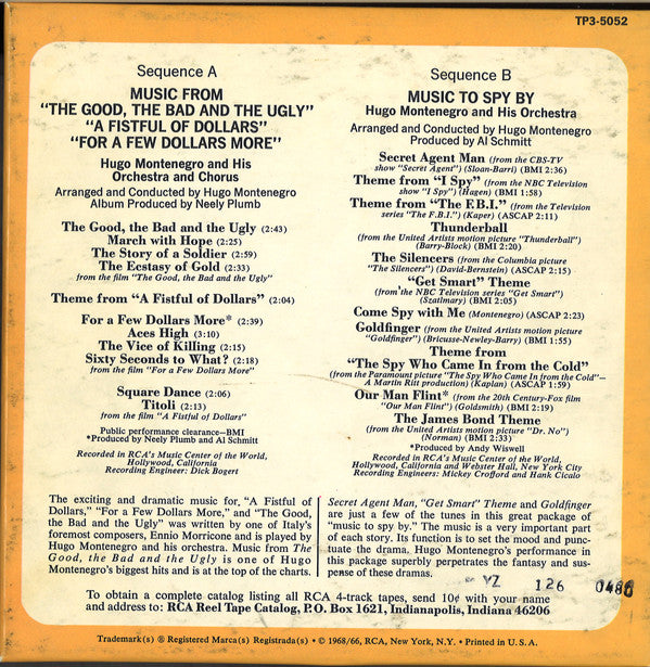 Hugo Montenegro : Music From "A Fistful Of Dollars" & "For A Few Dollars More" & "The Good, The Bad & The Ugly" / Music To Spy By (Reel, 4tr Stereo, Comp)
