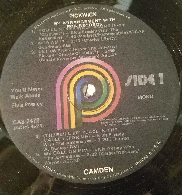 Elvis Presley : You'll Never Walk Alone (LP, Album, Comp, Mono, RE, Glo)