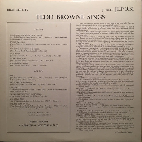 Tedd Browne : Tedd Browne Sings Calypsos-Ballads (LP, Album)