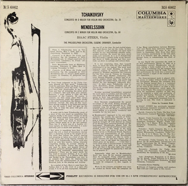 Isaac Stern, The Philadelphia Orchestra, Eugene Ormandy, Pyotr Ilyich Tchaikovsky, Felix Mendelssohn-Bartholdy : Violin Concerto In D Major / Violin Concerto In E Minor (LP, RE)