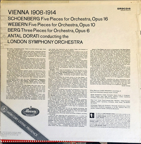 Arnold Schoenberg / Anton Webern / Alban Berg - Antal Dorati, The London Symphony Orchestra : Vienna 1908-1914 (Five Pieces For Orchestra, Op. 16 / Five Pieces For Orchestra, Op. 10 / Three Pieces For Orchestra, Op. 6) (LP)