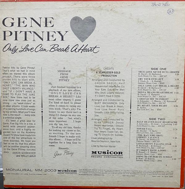 Gene Pitney : Only Love Can Break A Heart (LP, Album, Mono, Hig)
