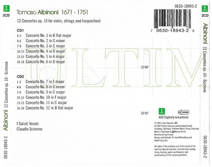 Tomaso Albinoni, I Solisti Veneti, Claudio Scimone : 12 Concertos Op.10 For Violin, Strings And Harpsicord (2xCD, RM)