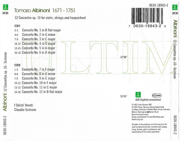 Tomaso Albinoni, I Solisti Veneti, Claudio Scimone : 12 Concertos Op.10 For Violin, Strings And Harpsicord (2xCD, RM)