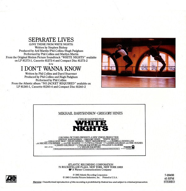 Phil Collins And Marilyn Martin : Separate Lives (Love Theme From White Nights) (7", Spe)