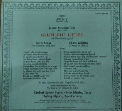 Johann Sebastian Bach / Elisabeth Speiser - Peter Schreier - Hedwig Bilgram : Geistliche Lieder (LP)