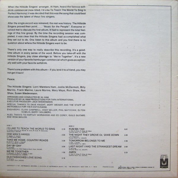 The Hillside Singers : I'd Like To Teach The World To Sing (LP, Album, Club)