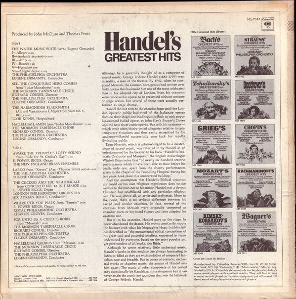 Georg Friedrich Händel, E. Power Biggs, Mormon Tabernacle Choir, Igor Kipnis, Eugene Ormandy / The Philadelphia Orchestra, Sir Adrian Boult, The London Philharmonic Orchestra, Sir Charles Groves, The Royal Philharmonic Orchestra : Handel's Greatest Hits (LP, Comp)