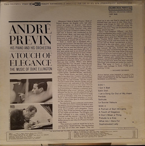 André Previn : A Touch Of Elegance: The Music Of Duke Ellington (LP, Album, RE)