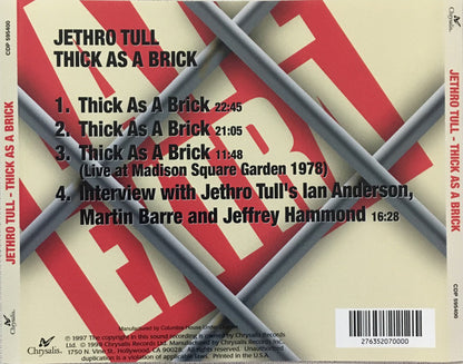 Jethro Tull : Thick As A Brick (CD, Album, Club, RE)