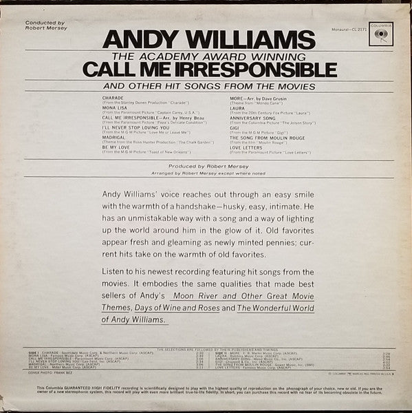 Andy Williams : Call Me Irresponsible And Other Hit Songs From The Movies (LP, Album, Mono)