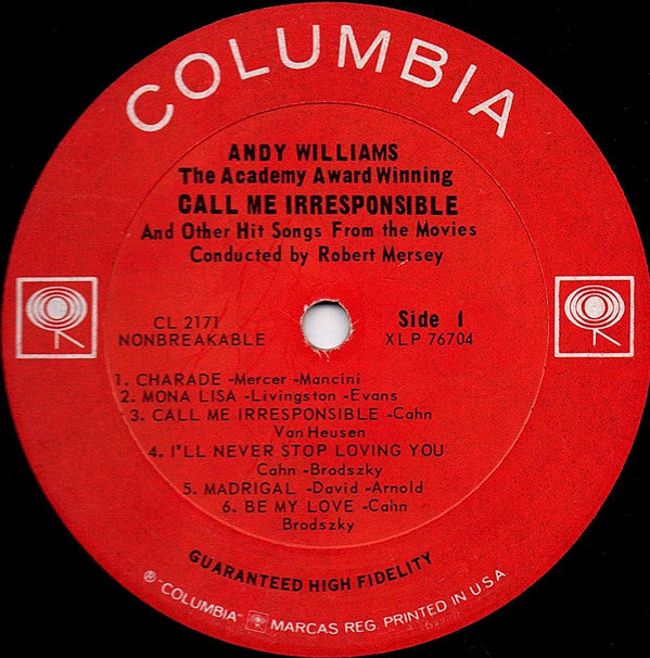 Andy Williams : Call Me Irresponsible And Other Hit Songs From The Movies (LP, Album, Mono)