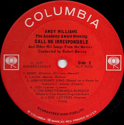 Andy Williams : Call Me Irresponsible And Other Hit Songs From The Movies (LP, Album, Mono)