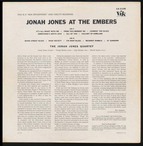 The Jonah Jones Quartet : Jonah Jones At The Embers (LP, Album, Mono, RE)