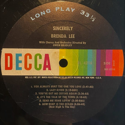 Brenda Lee : Sincerely (LP, Album, Mono, RP, Glo)
