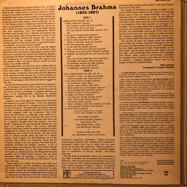 The Lieder Quartet : Johannes Brahms: Liebeslider Walzer, Op. 52; Neue Liebeslieder Walzer, Op. 65 (LP)