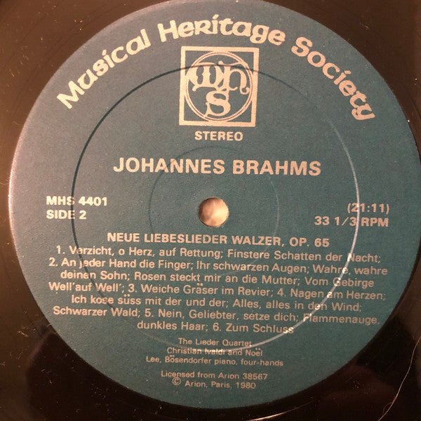 The Lieder Quartet : Johannes Brahms: Liebeslider Walzer, Op. 52; Neue Liebeslieder Walzer, Op. 65 (LP)