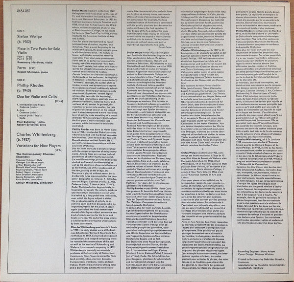 Stefan Wolpe / Phillip Rhodes (2) / Charles Whittenberg : Piece In Two Parts For Solo Violin / Form / Duo For Violin And Cello / Variations For Nine Players (LP, Album)