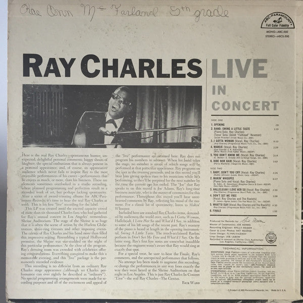 Ray Charles : Ray Charles Live In Concert (LP, Album, Club, Cap)