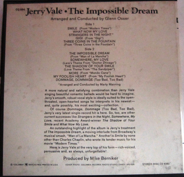 Jerry Vale : The Impossible Dream (Reel, 4tr Stereo, 7" Reel, Album)