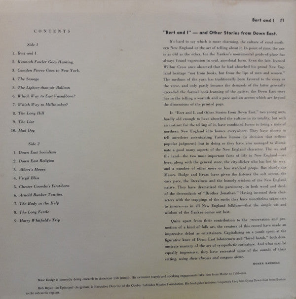 Robert Bryan (2) And Marshall Dodge : Bert And I... And Other Stories From Down East (LP, Album, Mono)
