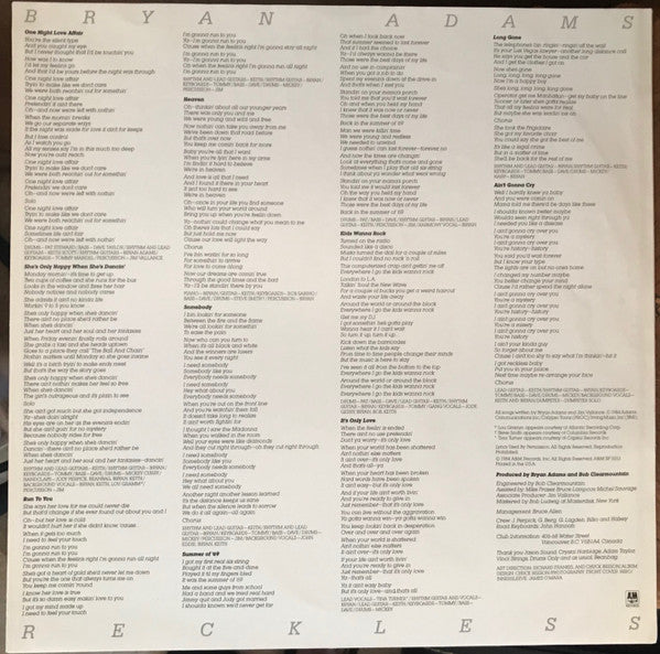 Bryan Adams : Reckless (LP, Album, Ind)