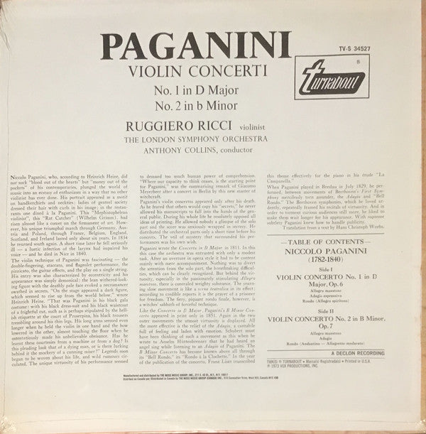 Paganini*, Ruggiero Ricci, The London Symphony Orchestra*, Anthony Collins (2) : Violin Concerti, No. 1 In D Major, No. 2 In b Minor (LP)