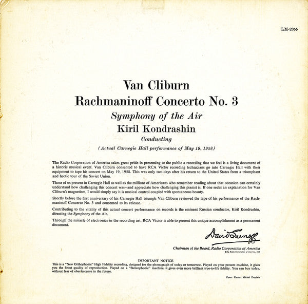 Sergei Vasilyevich Rachmaninoff - Van Cliburn, Symphony Of The Air, Kiril Kondrashin : Concerto No. 3 (LP, Album, Mono)