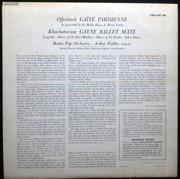 Jacques Offenbach, Aram Khatchaturian, The Boston Pops Orchestra, Arthur Fiedler : Gaîté Parisienne / Gayne Ballet Suite (LP, Album, RE, Roc)