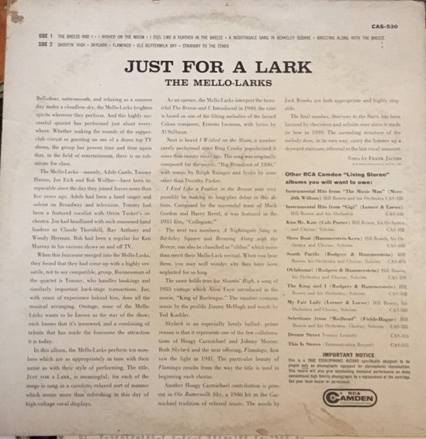 The Mello-Larks : Just For A Lark (LP)