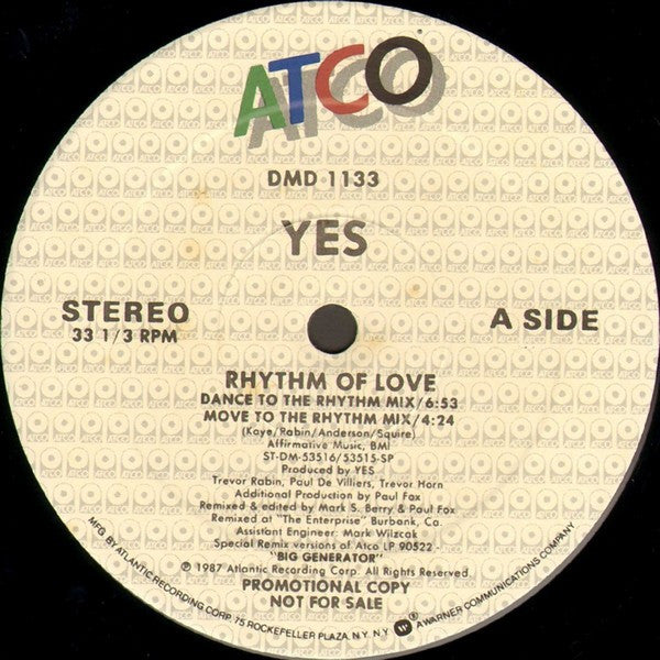 Yes : Rhythm Of Love (12", Single, Promo)