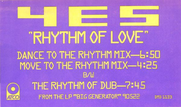 Yes : Rhythm Of Love (12", Single, Promo)