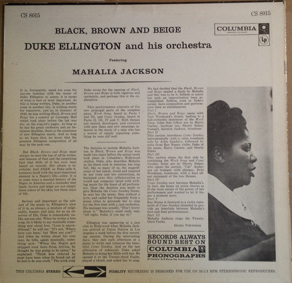 Duke Ellington And His Orchestra Featuring Mahalia Jackson : Black, Brown And Beige (LP, Album)