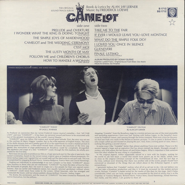 Lerner & Loewe / Vanessa Redgrave, Richard Harris : Camelot (Original Motion Picture Sound Track) (LP, Album, RE)
