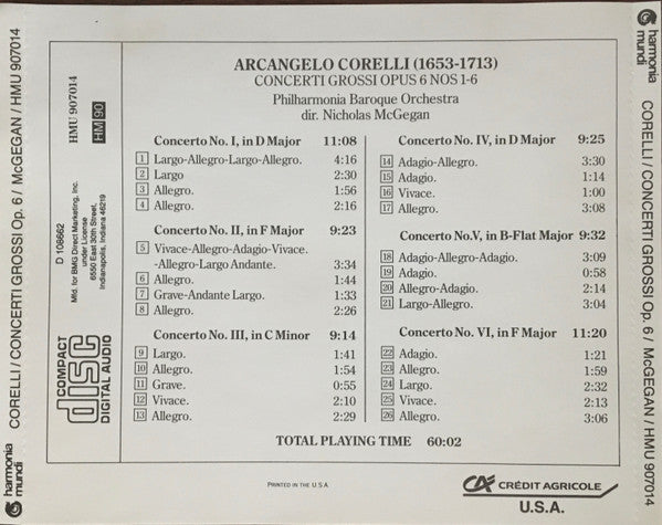 Arcangelo Corelli - Philharmonia Baroque Orchestra, Nicholas McGegan : Concerti Grossi Op. 6 1-6 (CD, Album, Club, BMG)