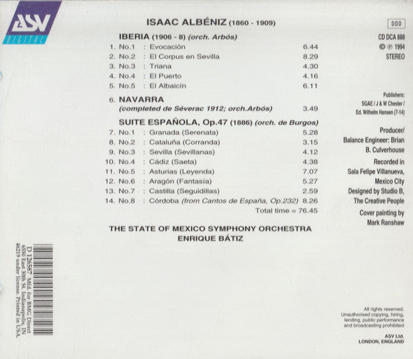Isaac Albéniz – Orquesta Sinfonica Del Estado De Mexico, Enrique Batiz : Iberia & Suite Española (CD, Album, Club)