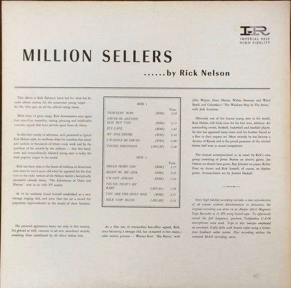 Ricky Nelson (2) : Million Sellers (LP, Comp, Mono, RP, Pit)
