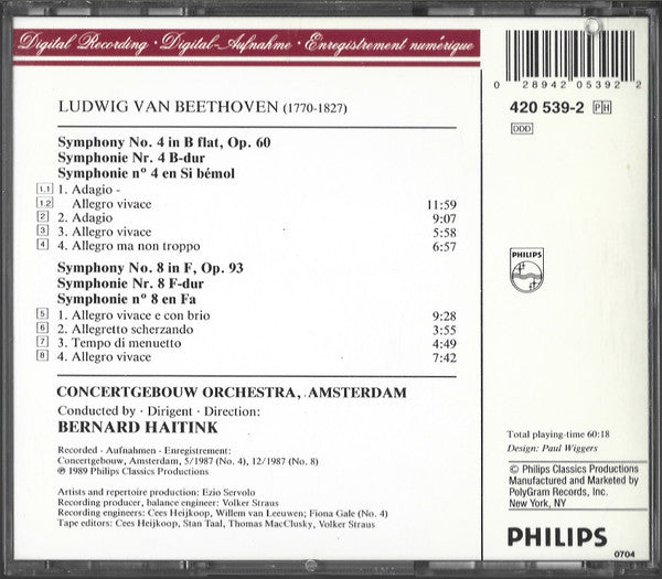 Ludwig van Beethoven - Bernard Haitink, Concertgebouworkest : Symphonies Nos. 4 & 8 (CD, Album)