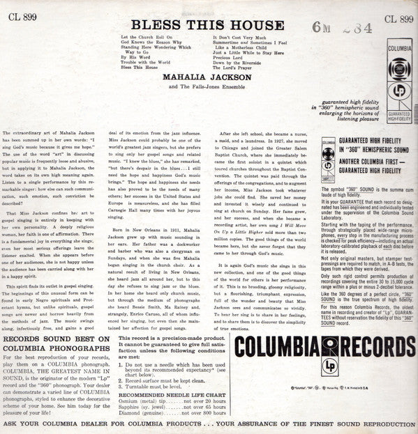 Mahalia Jackson And The Falls-Jones Ensemble : Bless This House (LP, Album, Mono)