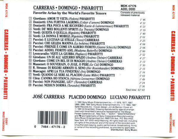 José Carreras, Placido Domingo, Luciano Pavarotti : Favorite Arias By The World's Favorite Tenors (CD, Album, Comp)