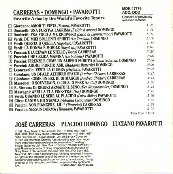José Carreras, Placido Domingo, Luciano Pavarotti : Favorite Arias By The World's Favorite Tenors (CD, Album, Comp)